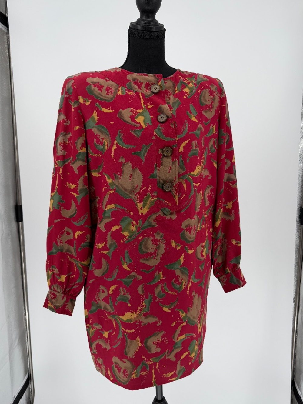 Vintage 80s Bill Blass Neiman Marcus Silk Abstract Shift Dress Red Green M